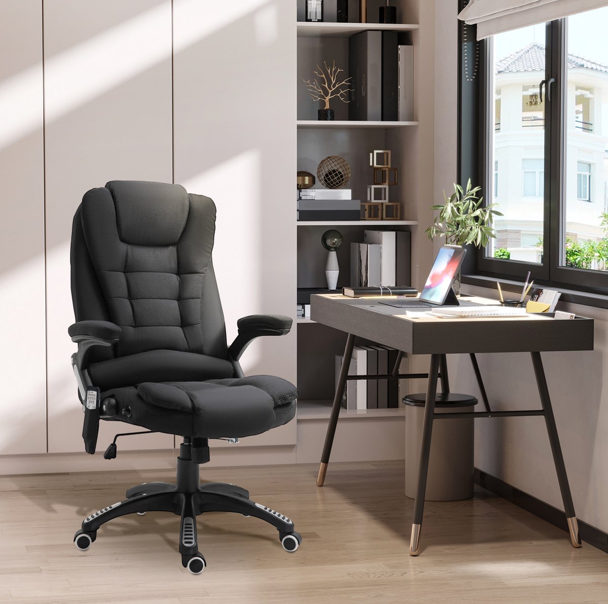 REDOM - Bureaustoel - Gamingstoel - Massagefunctie en verwarmingsfunctie - 360° draaibaar - In hoogte verstelbaar - Kantelbare rugleuning - Polyester - Zwart - 68 x 72 x 110-120 cm