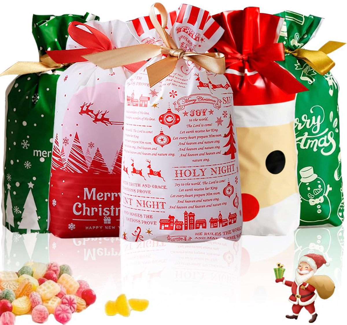 Elzusha - Kerstcadeauzakjes met Trekkoord - 50 Stuks Snoepgoed Zakjes