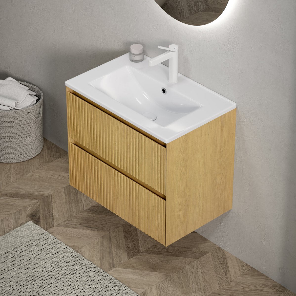 OKWISH Badkamerkast - Hangend Wastafelmeubel Met Keramische Wastafel - 61 x 39 x 50 cm - 2 Lades - Voorgemonteerd - Houtlook Wit