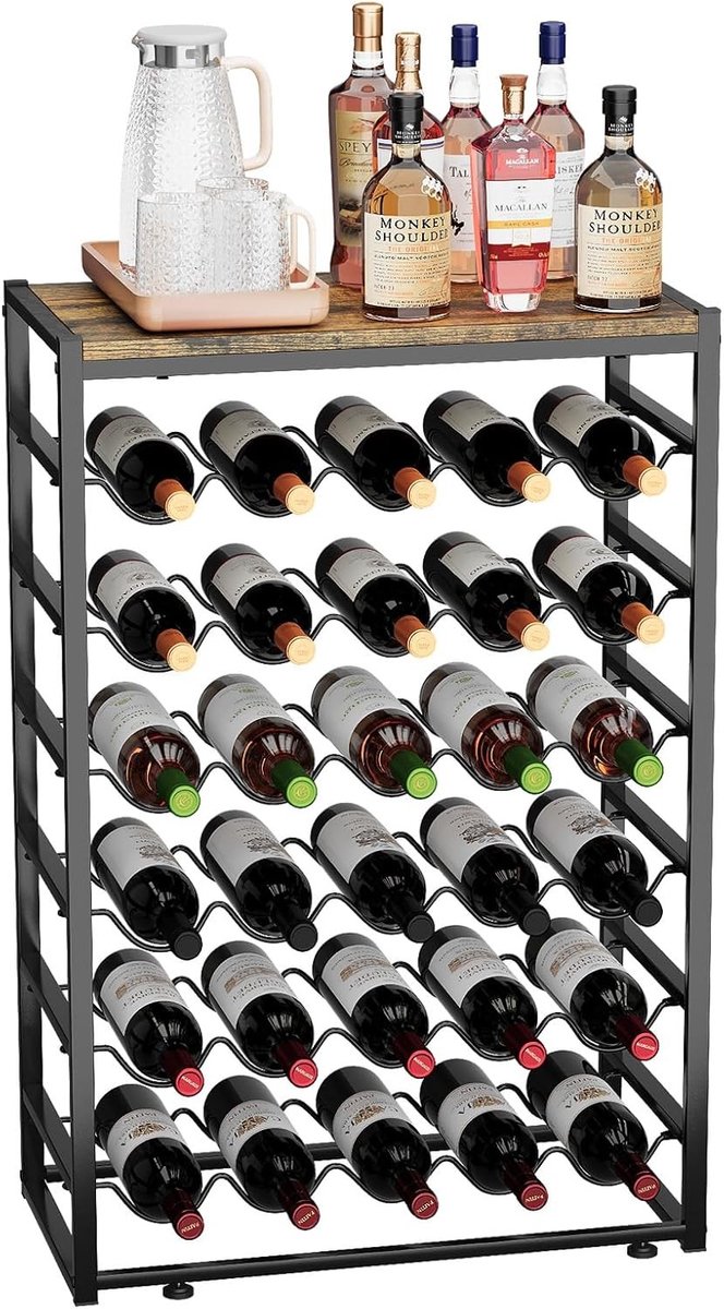Wijnrek voor 30 flessen met houten tafelblad, staand metalen wijnrek voor keuken, bar en eetkamer, 59 x 30 x 89 cm