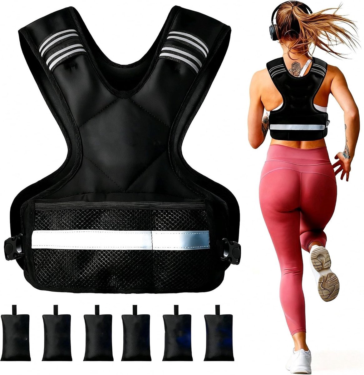Verstelbaar gewichtsvest met 6 zakken voor ijzerzand, ideaal voor bodybuilding, hardlopen en fitnesstraining