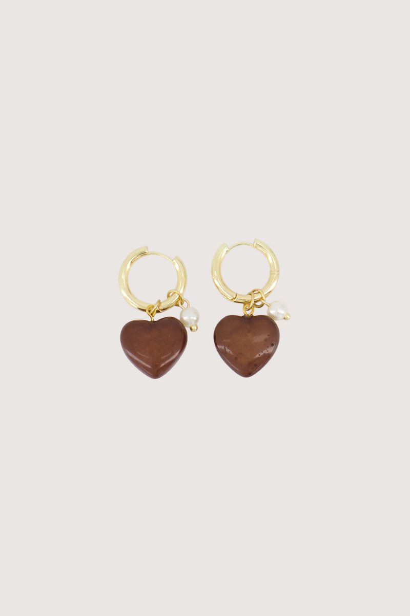 Zusss Earring With Heart And Pearl Resin / Metaal Hazelnut