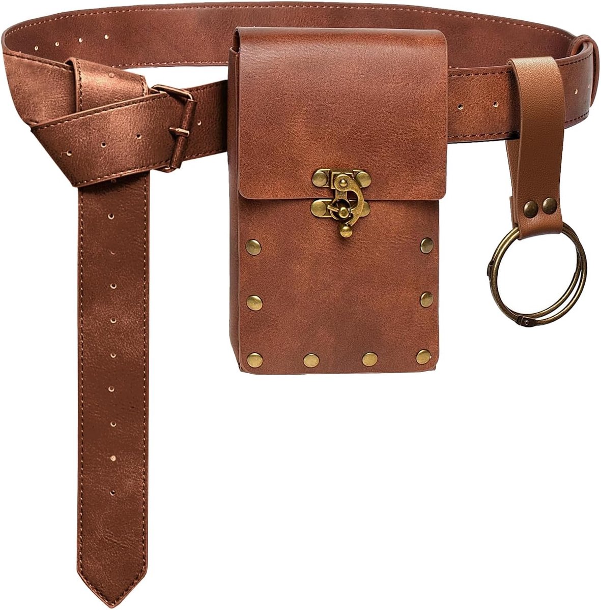 Middeleeuwse leren riem met riemtas set voor dames, renaissance kostuumriem met piratentas - waterdichte PU heuptas voor cosplay, halloween en rollenspel, bruin