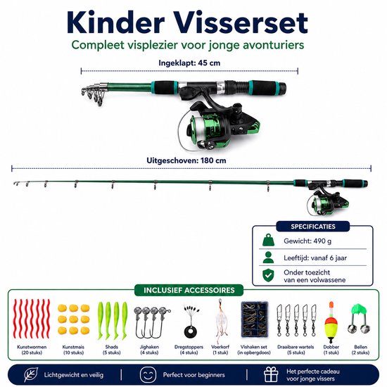 Kinderhengel Set - Telescopische Vishengel - Met werpmolen - Visset voor Beginners en Kinderen - Hengelsport Cadeau voor Jongens en Meisjes - Groen — afbeelding 2