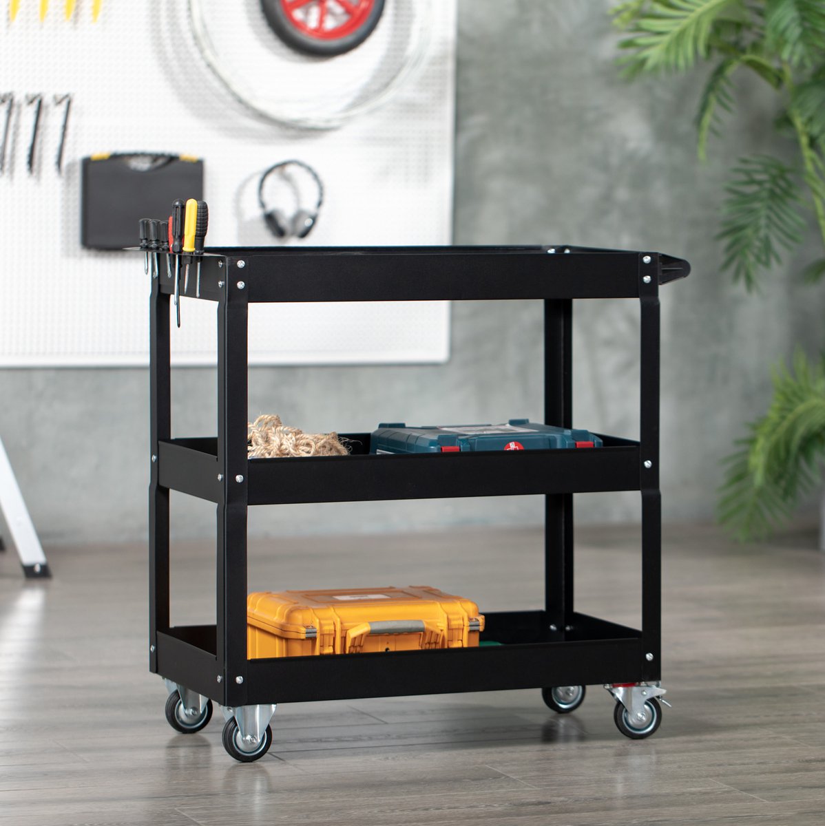 REDOM - Werkstattwagen - 3 niveaus met open planken - Op wielen met handgreep - Staal - Zwart - 83 x 35,3 x 76 cm - Garage en werkplaats