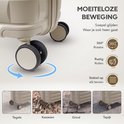 Close-up van een beige kofferwiel dat soepel draait op verschillende ondergronden.