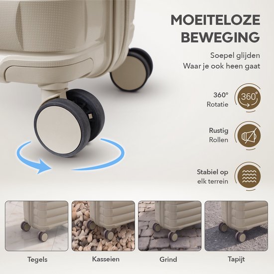 Close-up van een beige kofferwiel dat soepel draait op verschillende ondergronden.
