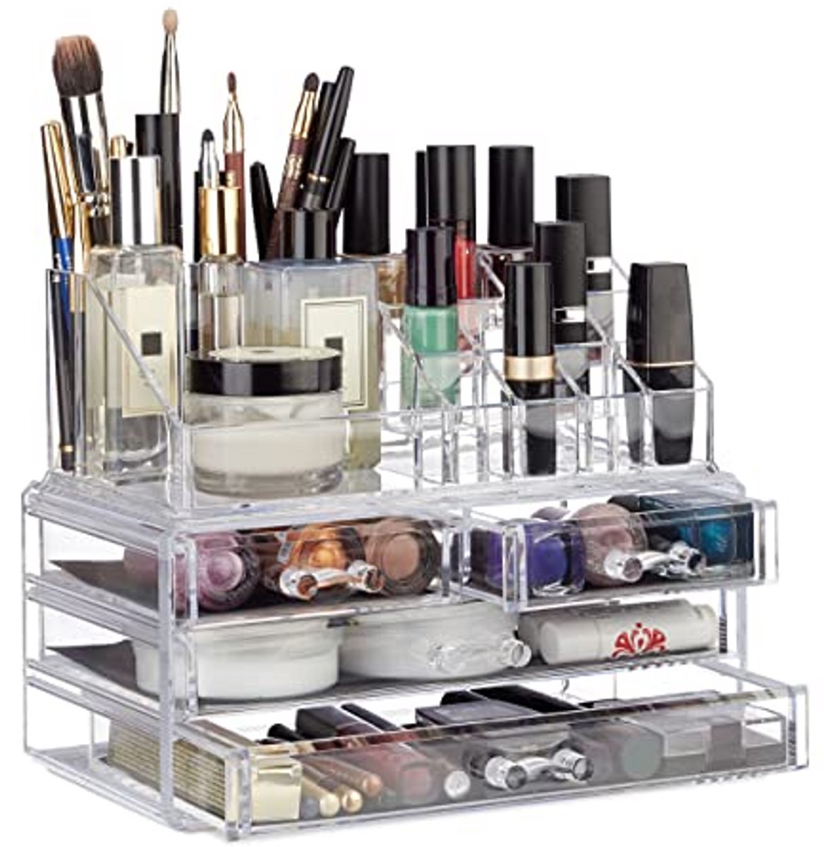 Make-up Organizer met 4 Lades en 20 Vakken, Lippenstifthouder, 2-delige Transparante Acryl Cosmetica Opberger