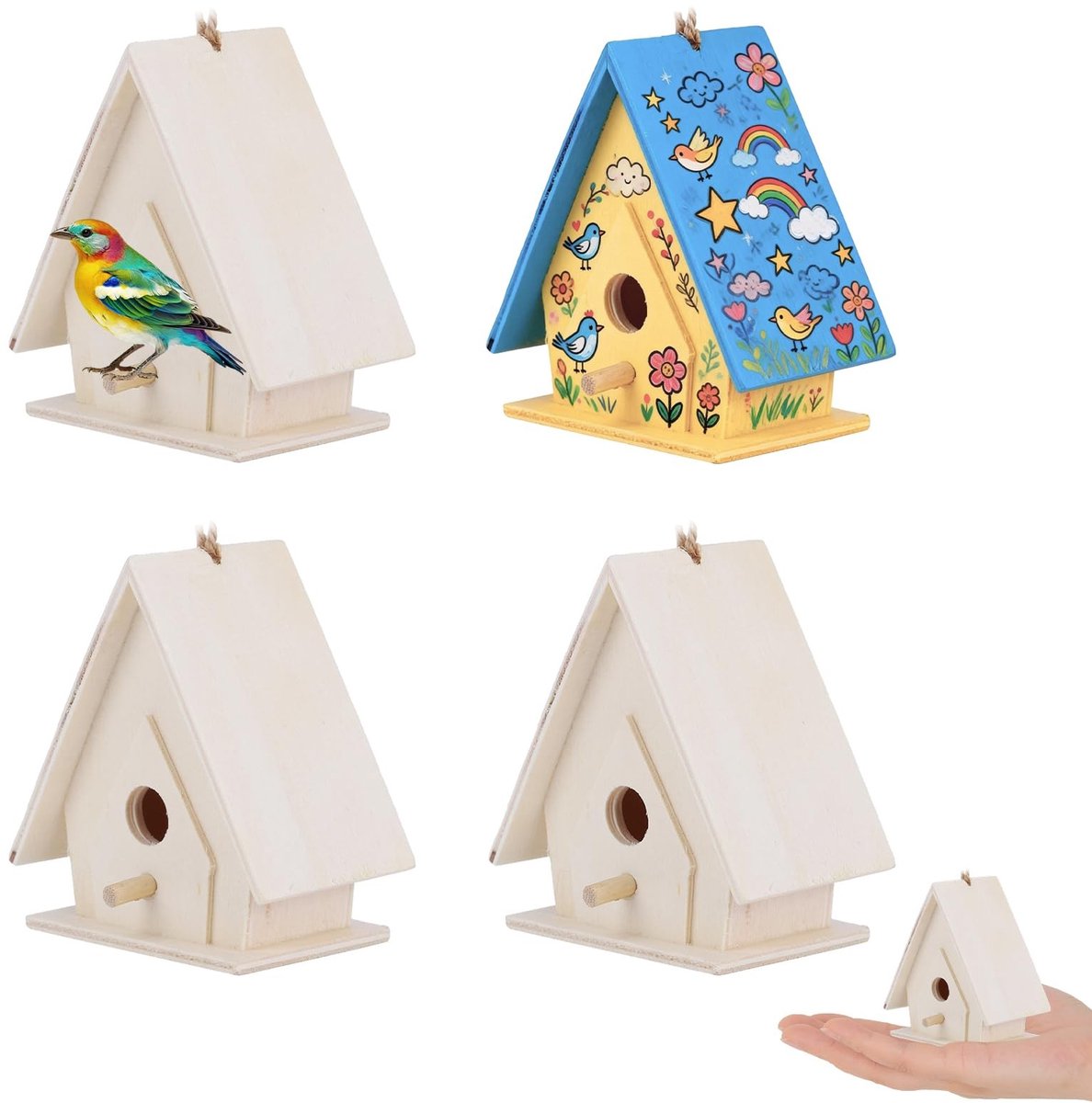 Elzusha - Set van 4 Houten Vogelhuisjes voor Tuin Decoratie