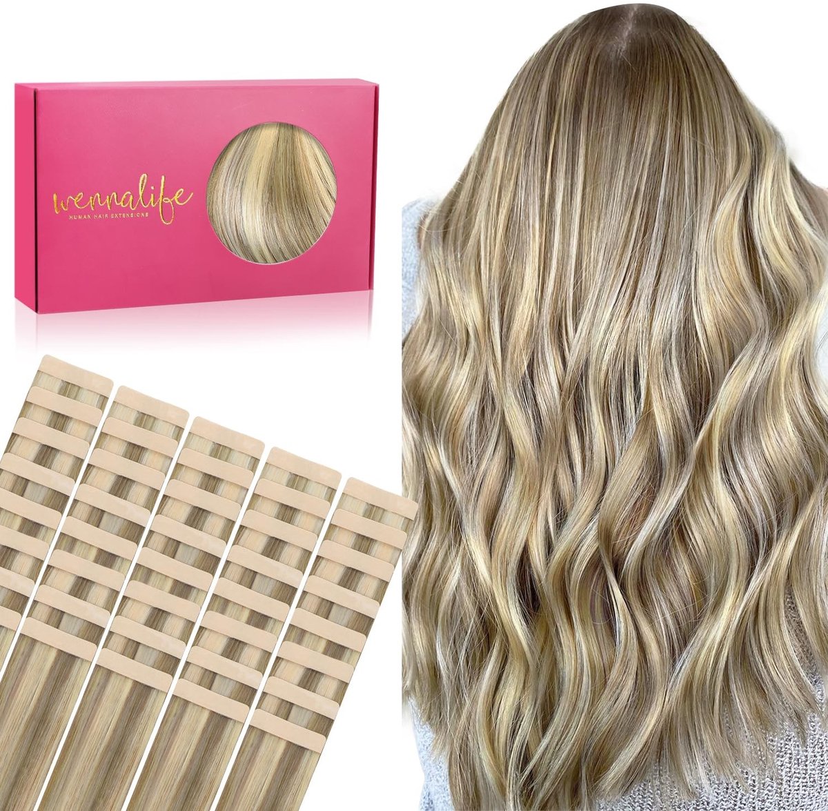 Elzusha - Tape-in Haarextensions van Echt Haar, 40 Stuks, 45.7 cm