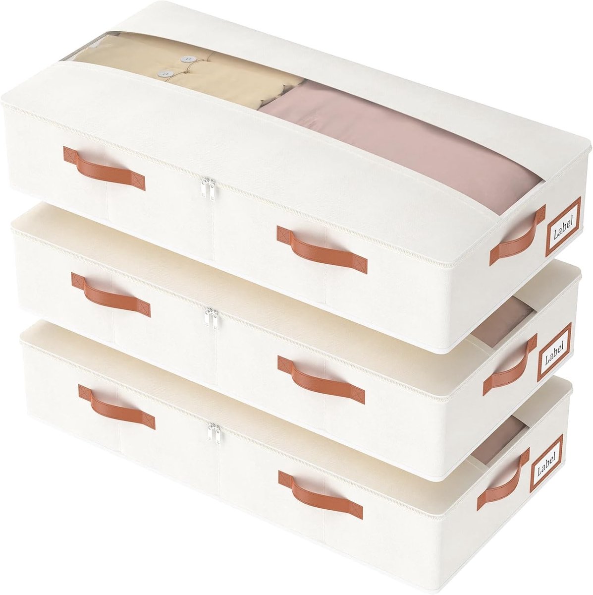 3-delige Onderbed Opbergdozen, Vouwbare Opbergzakken met Duidelijke Deksel en Handvatten, Ideaal voor Slaapkamer, 80x40x15cm, Beige, Ruimtebesparend en Organisatieoplossingen