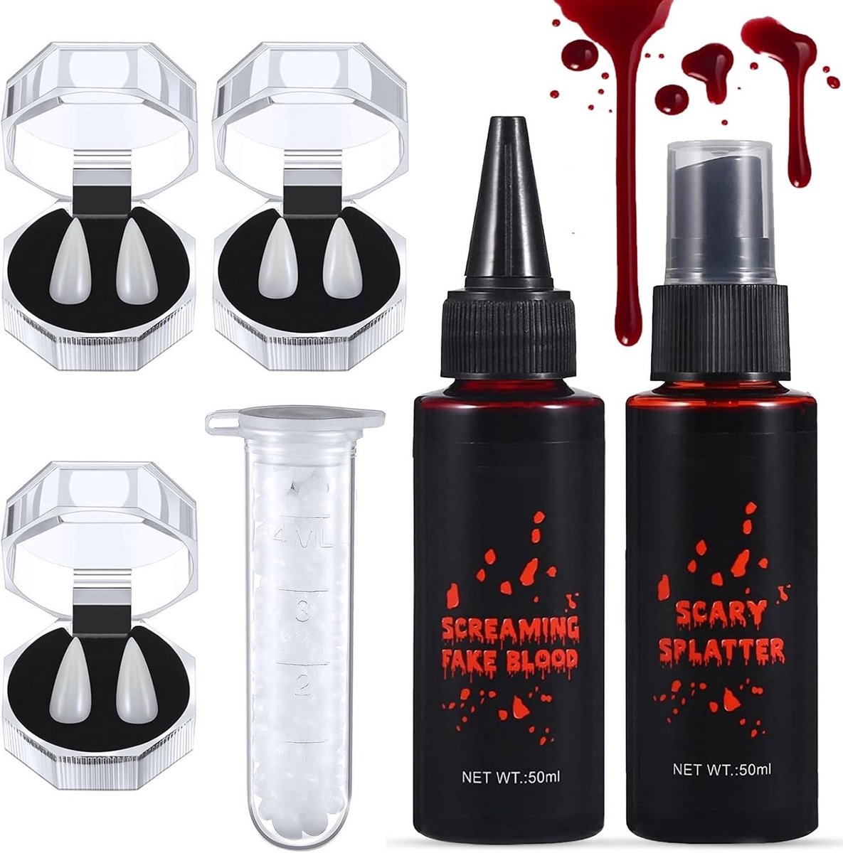 Vampiertanden set van 5 stuks voor Halloween, realistische nepbloed tanden, cosplay accessoires en zombie kostuum benodigdheden