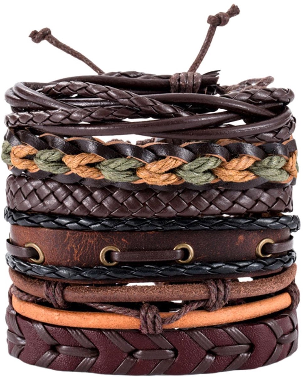 Leren armbanden set van 6 - gevlochten design - verstelbaar - trendy accessoire voor heren - ShopVlot