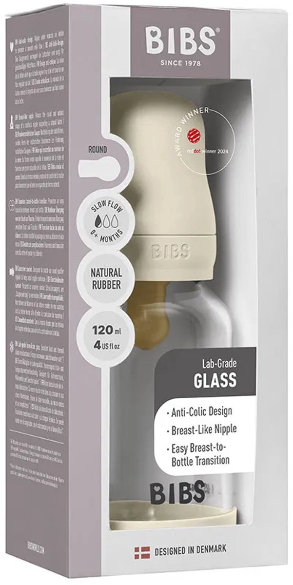 BIBS Fles - Slow Flow - 120 ml - Glas/Latex - Ivory van Merkloos — afbeelding 3