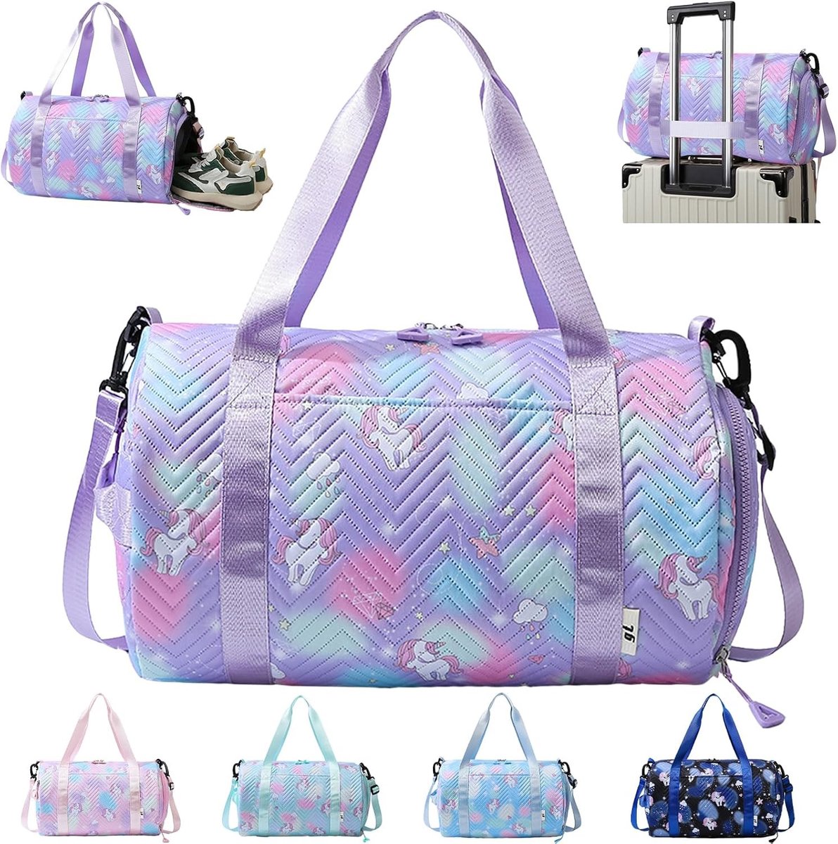 Reis- en Sporttas voor Meisjes, 25 Liter, Waterdichte Unicorn Weekender met Compartimenten voor Schoenen en Nat Textiel