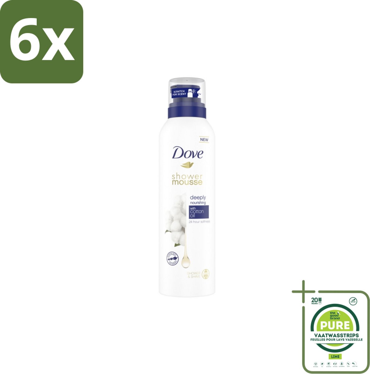 Dove – Douchefoam – Deeply Nourishing Cotton Oil – 200 ml - Voordeelverpakking - 6 stuks - Douchefoam - Huid verzorging