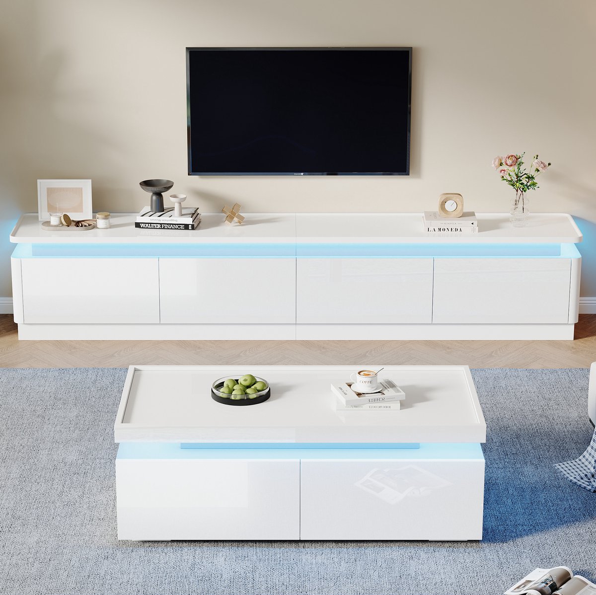 Wishdor Tv-meubelset - 4 lades - LED-verlichting - Salontafelcombinatie - Modern minimalistisch - Woonkamer - Bewerkt hout - Wit hoogglans - 95 x 45 x 35 cm