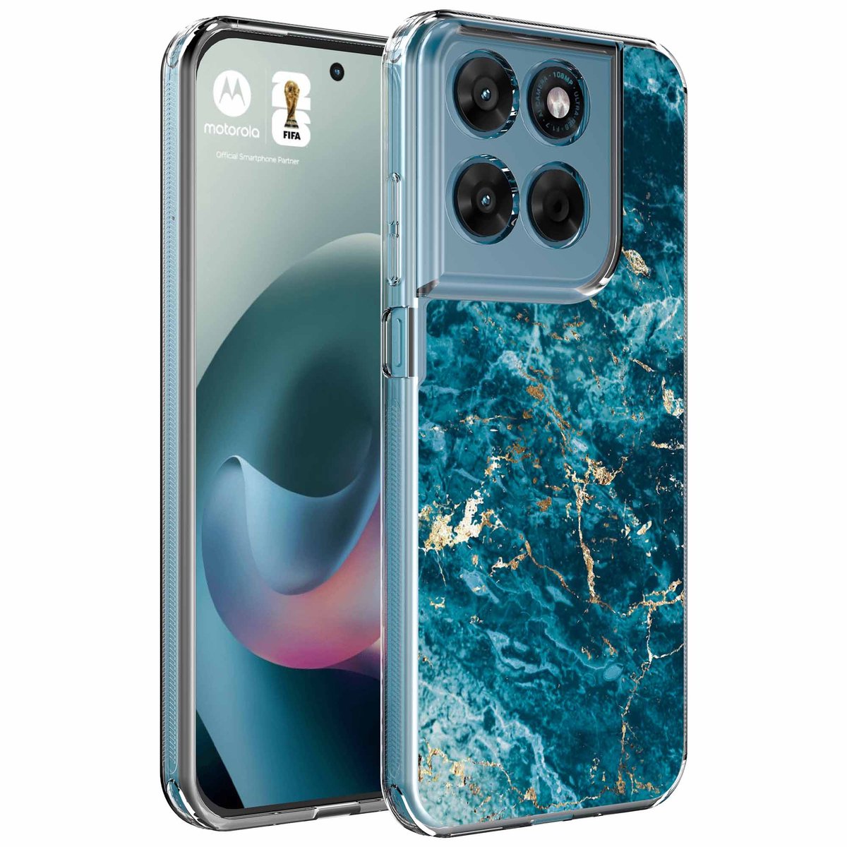 Smartphonica Geschikt voor Motorola Moto G77 Telefoonhoesje met Blauw Goud Marmer opdruk - Draadloos op te laden - Shockproof Siliconen TPU Strong Case - Sterk Schokbestendig Telefoonhoesje geschikt voor Motorola Moto G77