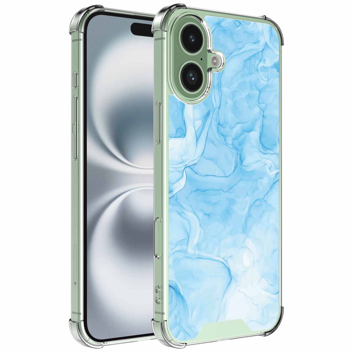 Smartphonica Geschikt voor iPhone 16 Plus Telefoonhoesje met Lichtblauw Marmer opdruk - Draadloos op te laden - Shockproof Siliconen TPU Strong Case - Sterk Schokbestendig Telefoonhoesje geschikt voor iPhone 16 Plus