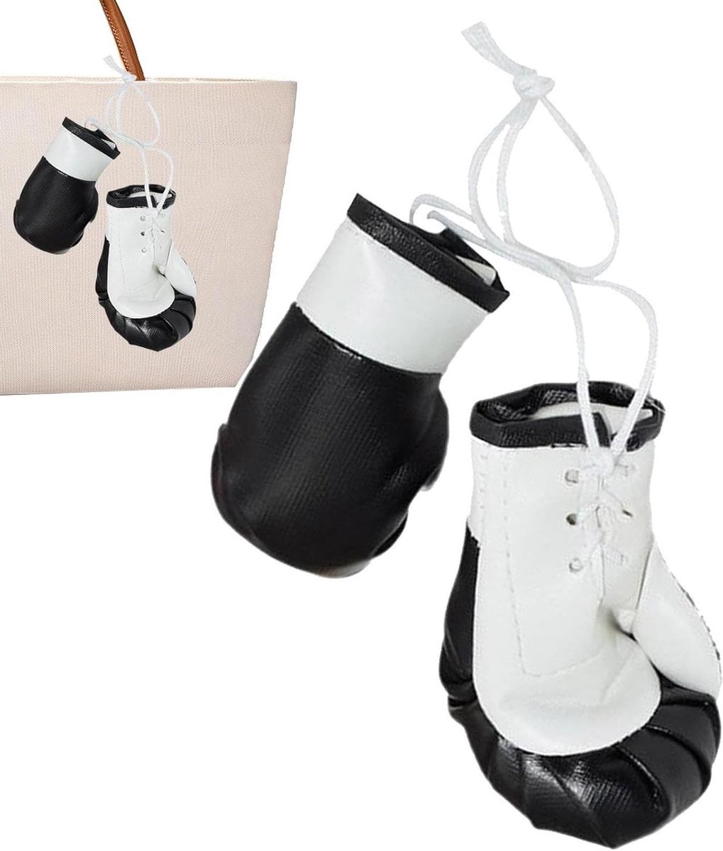 Mini Bokshandschoenen - Autospiegel Decoratie - Auto Interieur - Leuk Ornament - 2 Stuks - Zwart Wit