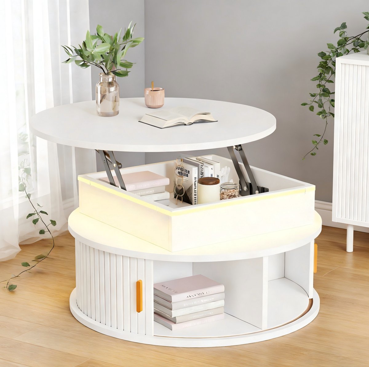 Wishdor Ronde salontafel - Hoogte verstelbaar - LED verlichting - Opbergruimte - Hoogglans - Wit - MDF - Ø 75 cm