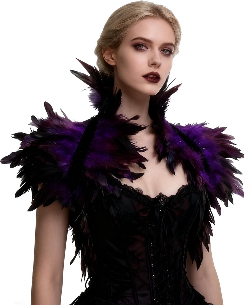 Victoriaanse Natuurlijke Veer Sjaal Schoudercape met Gothische Kraag voor Halloween Kostuum, Paars, One Size