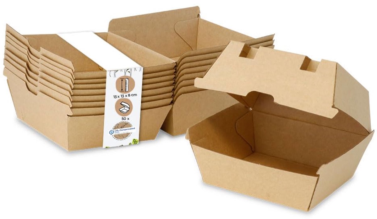 GREENBOX Take Away Burgerbox, 50 stuks, robuuste hamburgerdozen met hoog klapdeksel, hamburgerbox van kraftkarton - ShopVlot