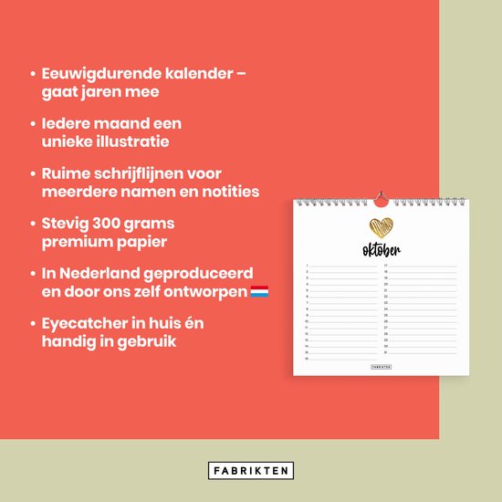Papieren kalender met de tekst "oktober" en een gouden hartje. Bevat schrijflijnen voor elke dag.