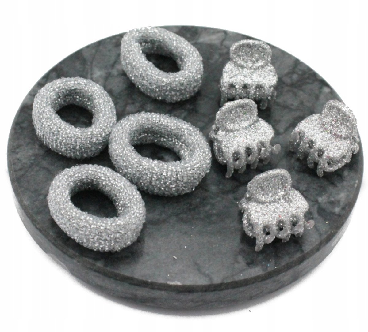 Set van 8 Zilveren Haar Scrunchies & Klemmen met Glitter
