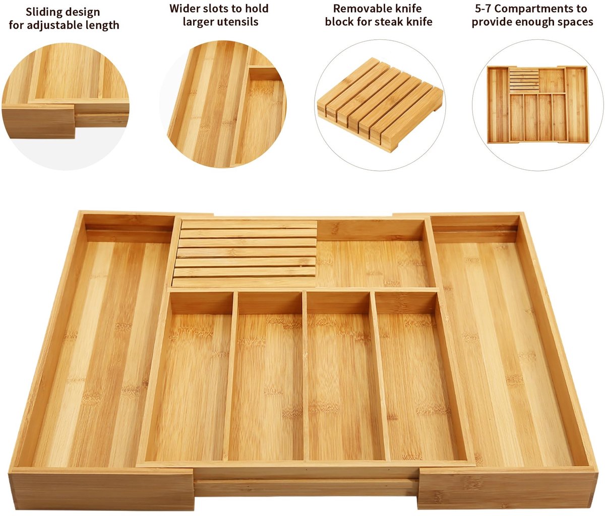 Elzusha - Uitbreidbare Bamboo Bestek Organizer voor Keukenlade