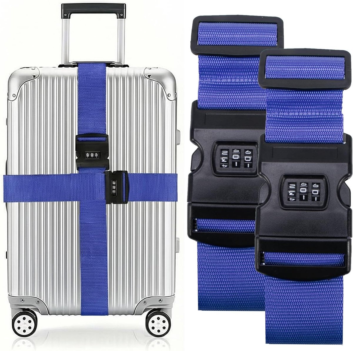 Verstelbare Kofferspannen met Combinatieslot, 5 x 200 cm, Ideaal voor Reisbagage en Veiligheid van Koffers, 2 Stuks (Blauw)