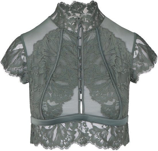 Donkergroene kanten bralette met hoge hals, knoopjes aan de voorkant en opengewerkte rug.
