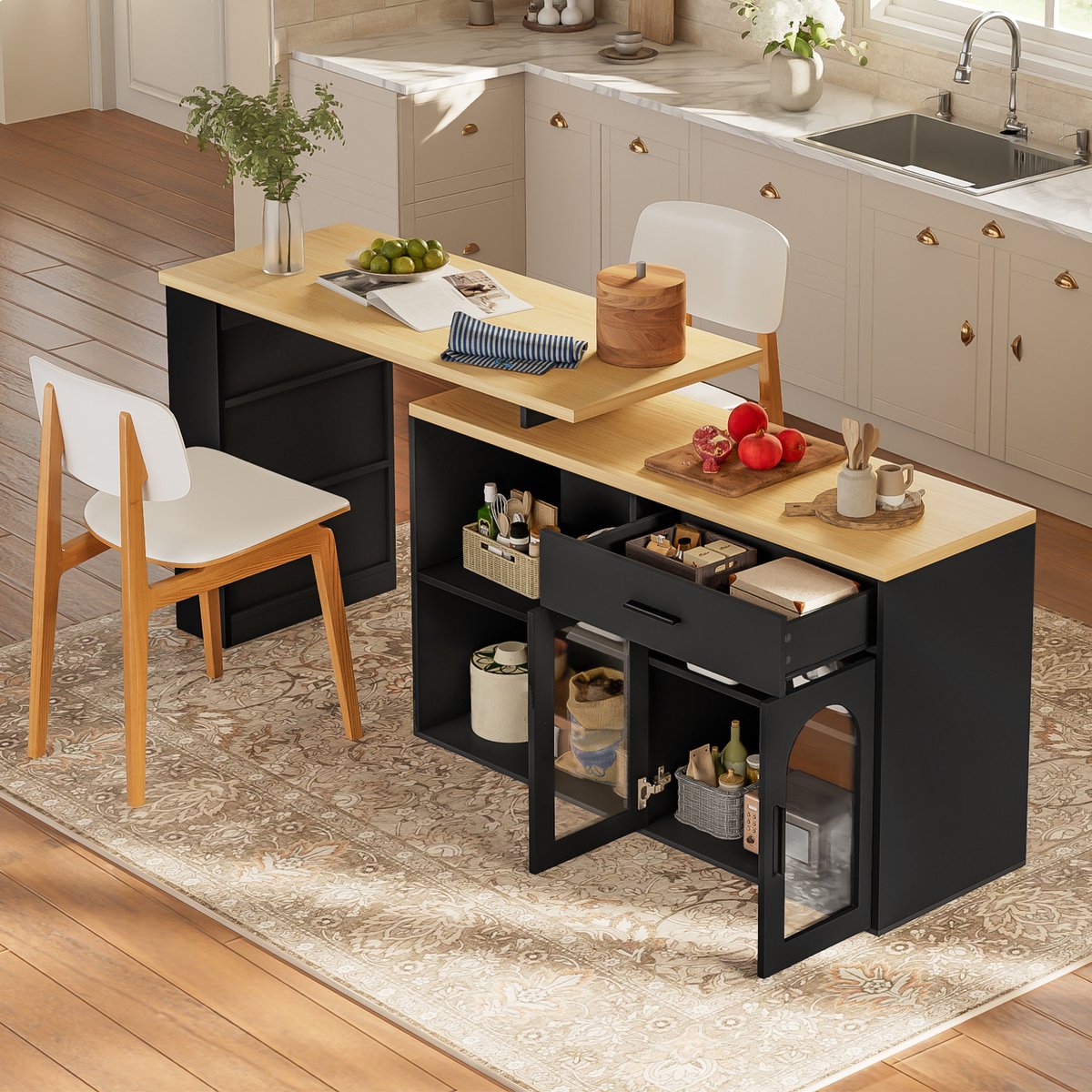 OKWISH Keukeninsel – 360° Draaibare Tafel – Opbergkast Met Lade En Regalen – Moderne Bartafel – MDF Zwart/Natuur – 136 x 50 x 78 Cm