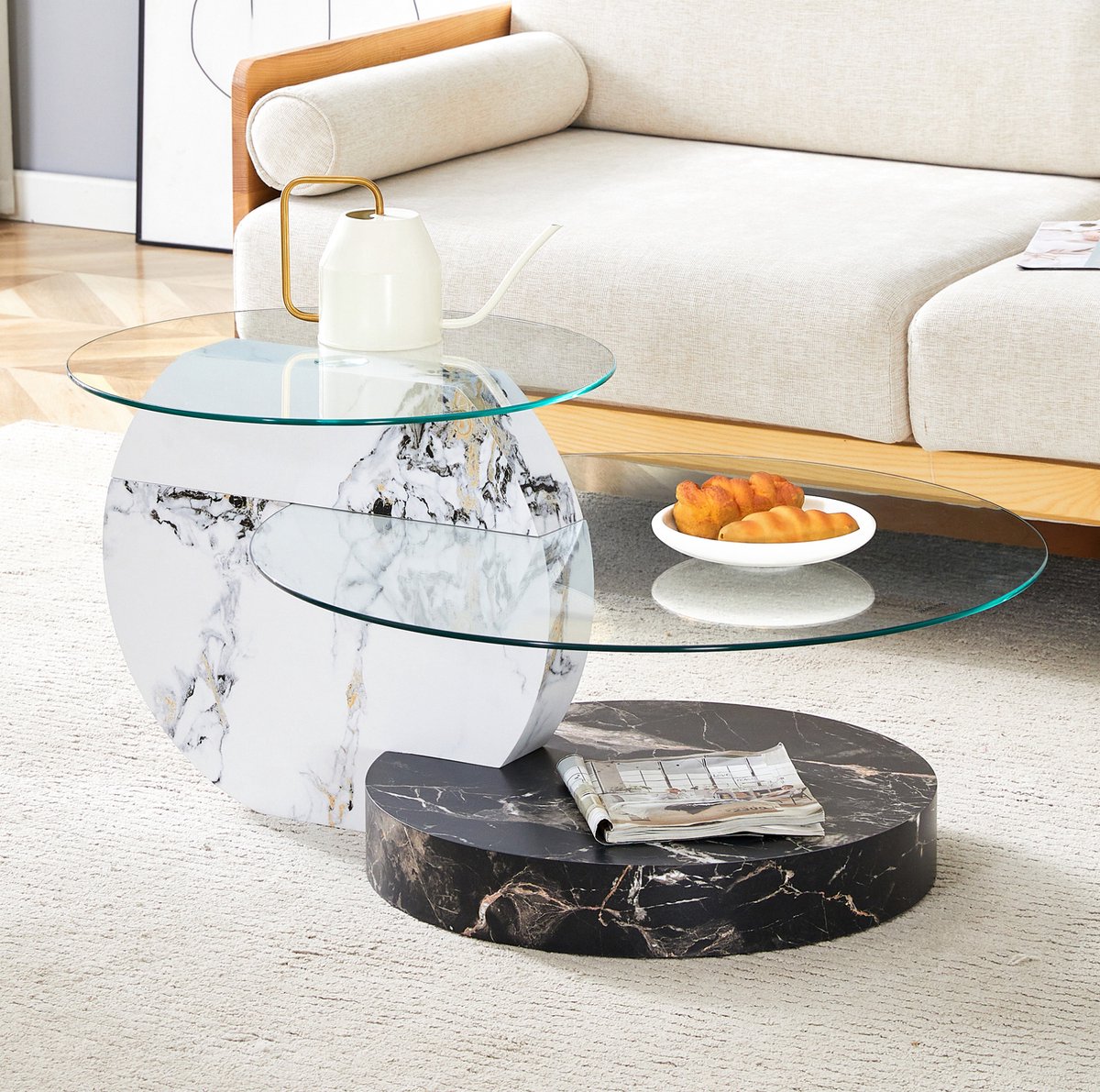 OKWISH Salontafel - 2 Lagen Met Veiligheidsglas - Voor Woonkamer - MDF En Glas Wit Zwart - 90 x 70 x 44 cm