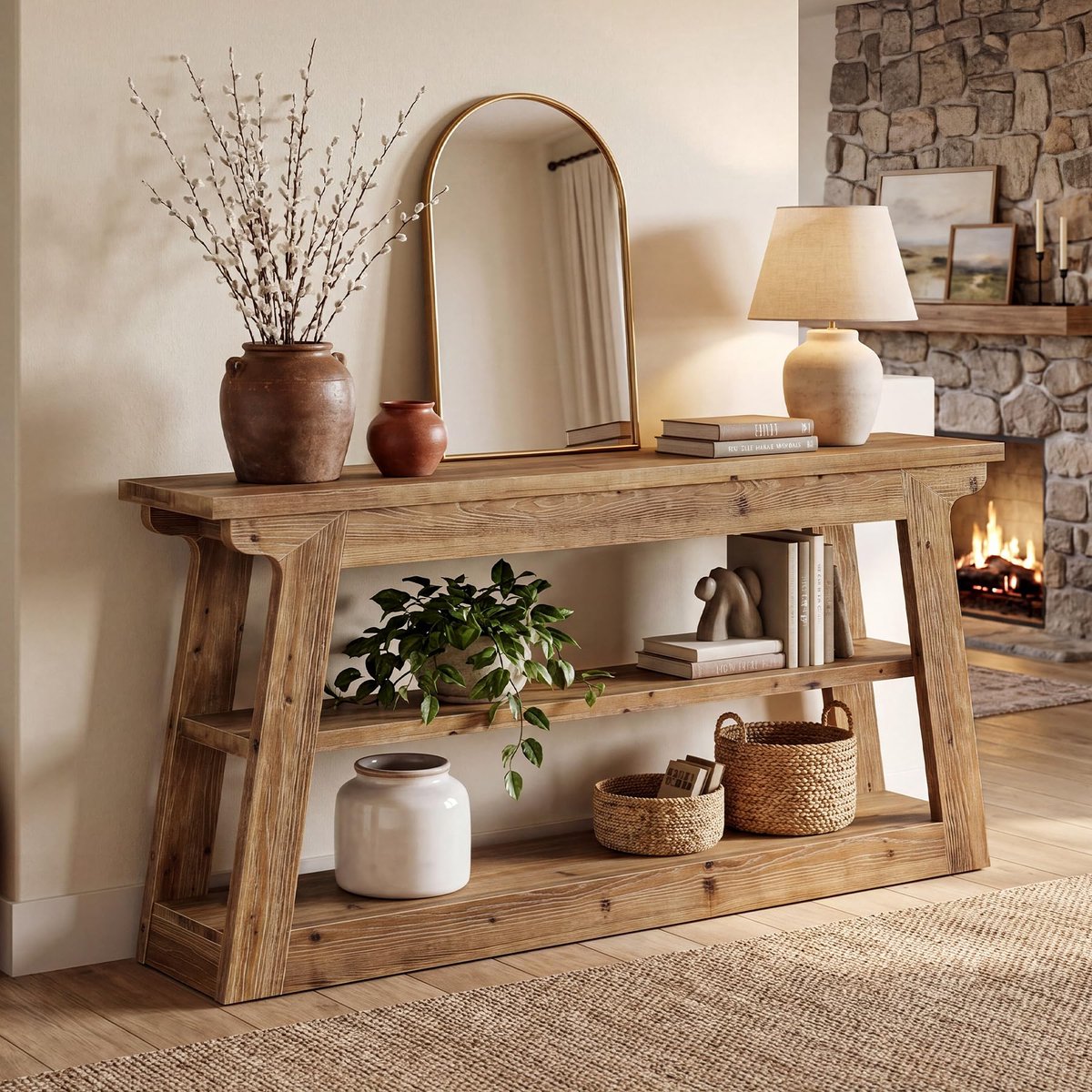 LITTLE TREE Consoletafel - 160 x 30 x 80 cm - Massief Hout - 2‑Laags Planken - Slank - Voor Hal En Entree - Bruin