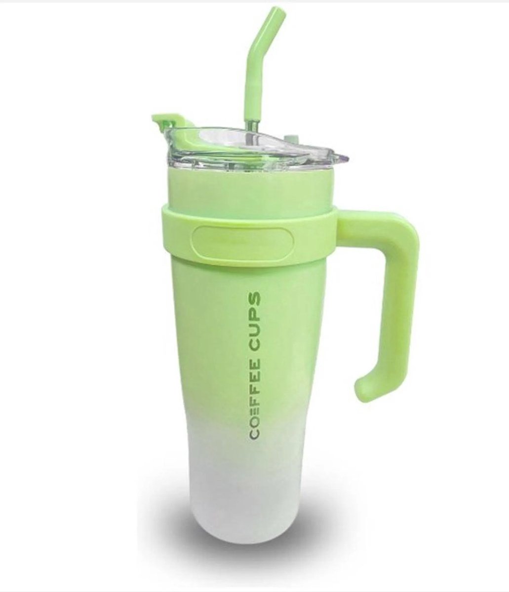 Thermosbeker 1200ml-met handvat en rietje deksel-Lekvrije reiskoffiemok-Dubbelwandige geïsoleerde beker van roestvrij staal-Auto Thermosbeker-Voor kantoor, sport, ijsdrank, warme drank-met DIY-stickers