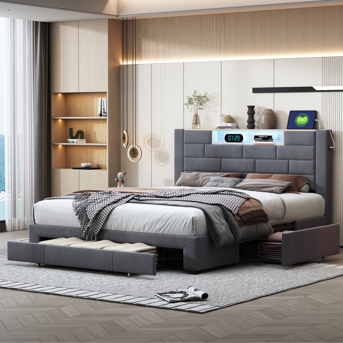 Tweepersoonsbed 160x200 cm met lattenbodem,bedframe met 3 grote opberglades en LED-lichtstrip, Gestoffeerd hoofdbord met USB-poort, fluwelen Grijs