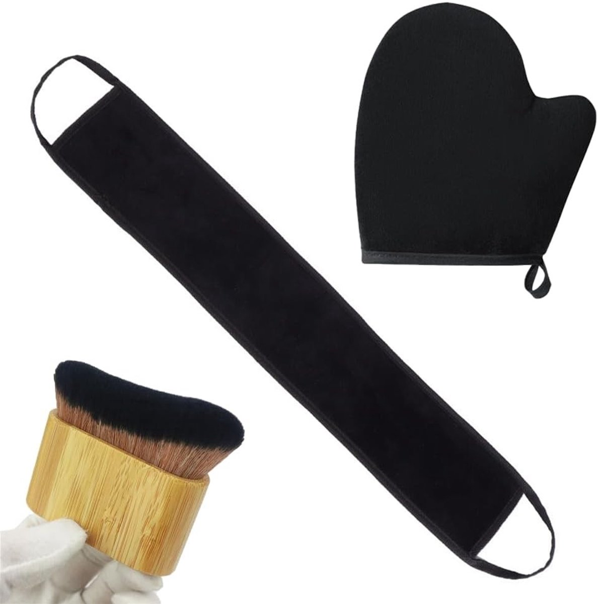 Set van 3 Herbruikbare Zelfbruiningshandschoenen met Applicator en Borstel voor een Gelijke Tan, Ideaal voor Lichaam en Gezicht, Zachte Velours Materialen
