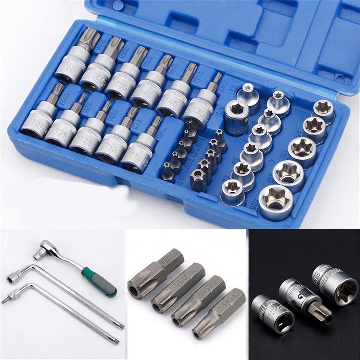 ROLIPO Torx Dopsleutelset 34-Delig – E-Torx en Torx Bits van Chroom-Vanadiumstaal – 1/4, 3/8 en 1/2 Inch – Voor Auto en Reparatie
