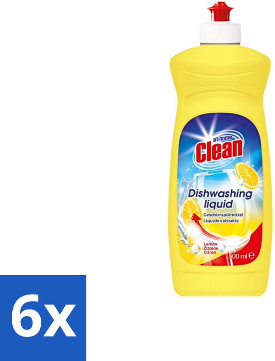 6 x At Home - Clean - Afwasmiddel - Lemon - Stralend Schone Vaat - 500 ml - Afwasmiddel - Vaat Reinigen - Vet Verwijderen - Citroengeur - Schone Vaat
