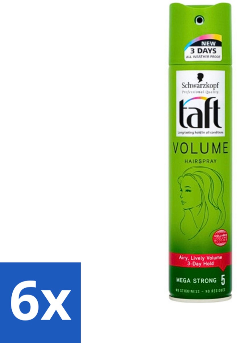 6 x Schwarzkopf - Taft - True Volume Haarspray - Mega Strong - Volumeboost & Fixatie - 250 ml - Haarspray - Volume - Fixatie - Fijn Haar - Vegan