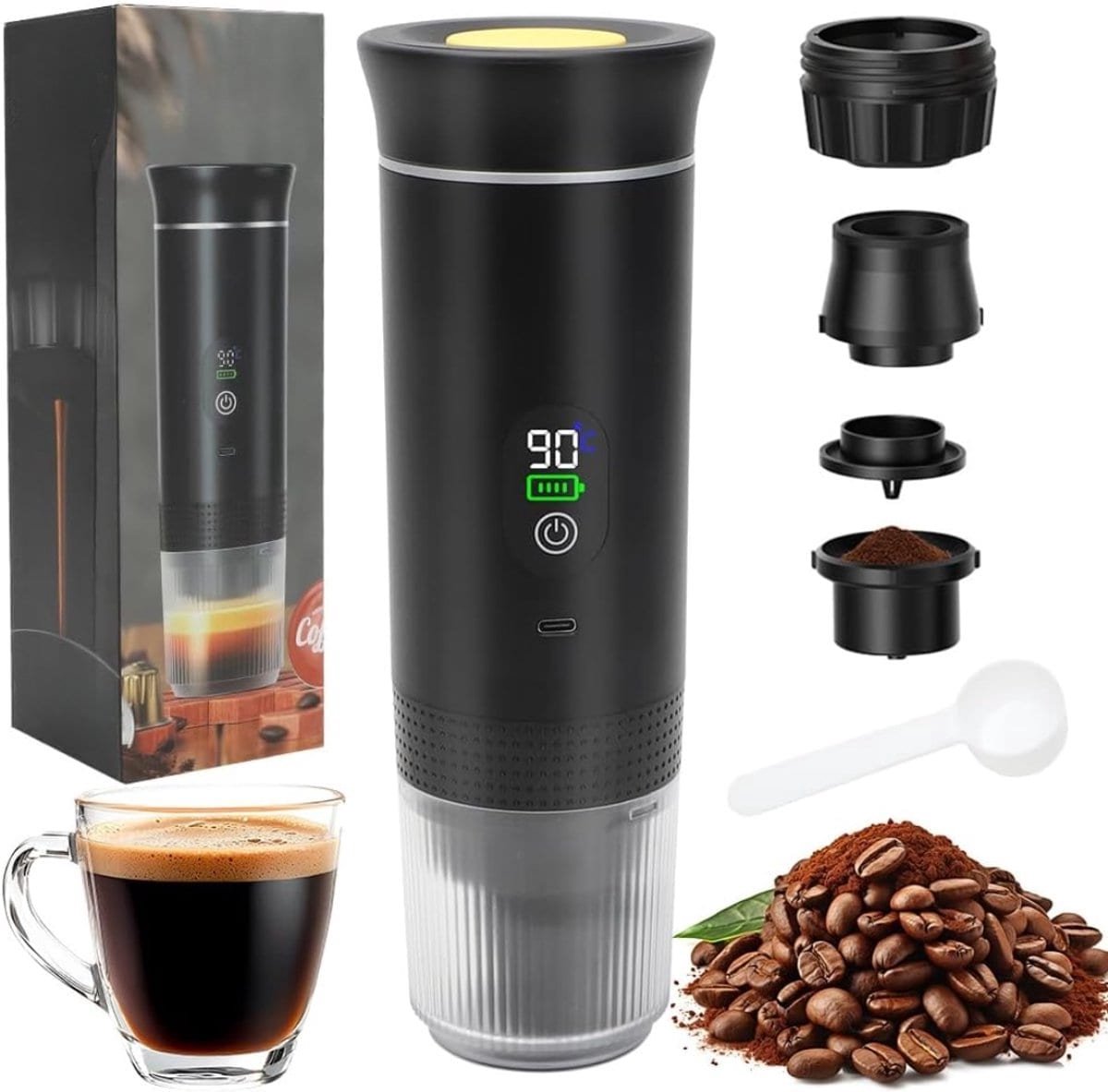 Klarven® Draagbare koffiemachine Zwart - Automatische reiniging, één knop bediening - Snel, gemakkelijk en ideaal onderweg - B 9 x H 21 x D 9 cm