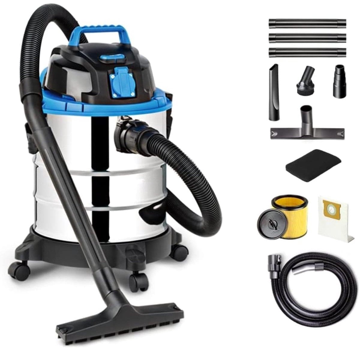 Klarven® Nat- en Droogstofzuiger Zilver - 1200W Krachtig - Blaasfunctie en Zakloze - Ingebouwd Stopcontact - 20 Liter Tank - B 35 x H 51 x D 35 cm