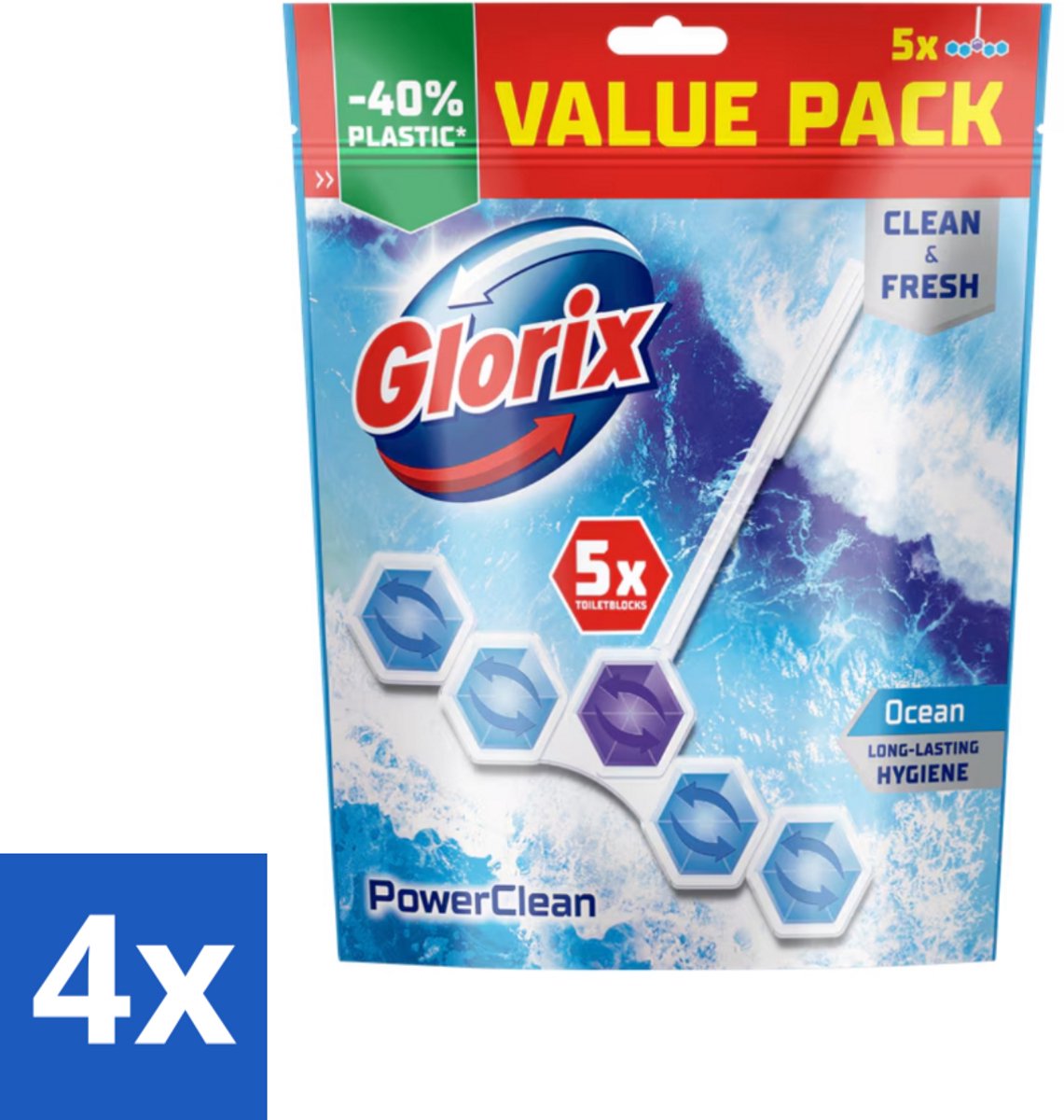 4 x Glorix - Power Clean - Toiletblok - Ocean - Hersluitbare Verpakking - 5 Blokken - Toilet Schoonmaak - Toiletblok - Toilet Reiniging - Kalk Verwijderaar - Hygiënisch Toilet