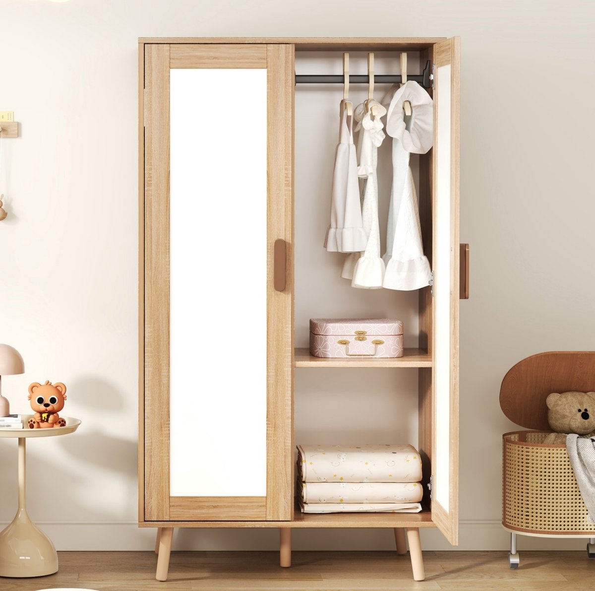 OKWISH Kledingkast - 2 Deuren Met Kleerhangerstang - Kinderkamer En Slaapkamer - Natural White - MDF - 80 X 46 X 141,5 Cm Natuurlijk hout/wit