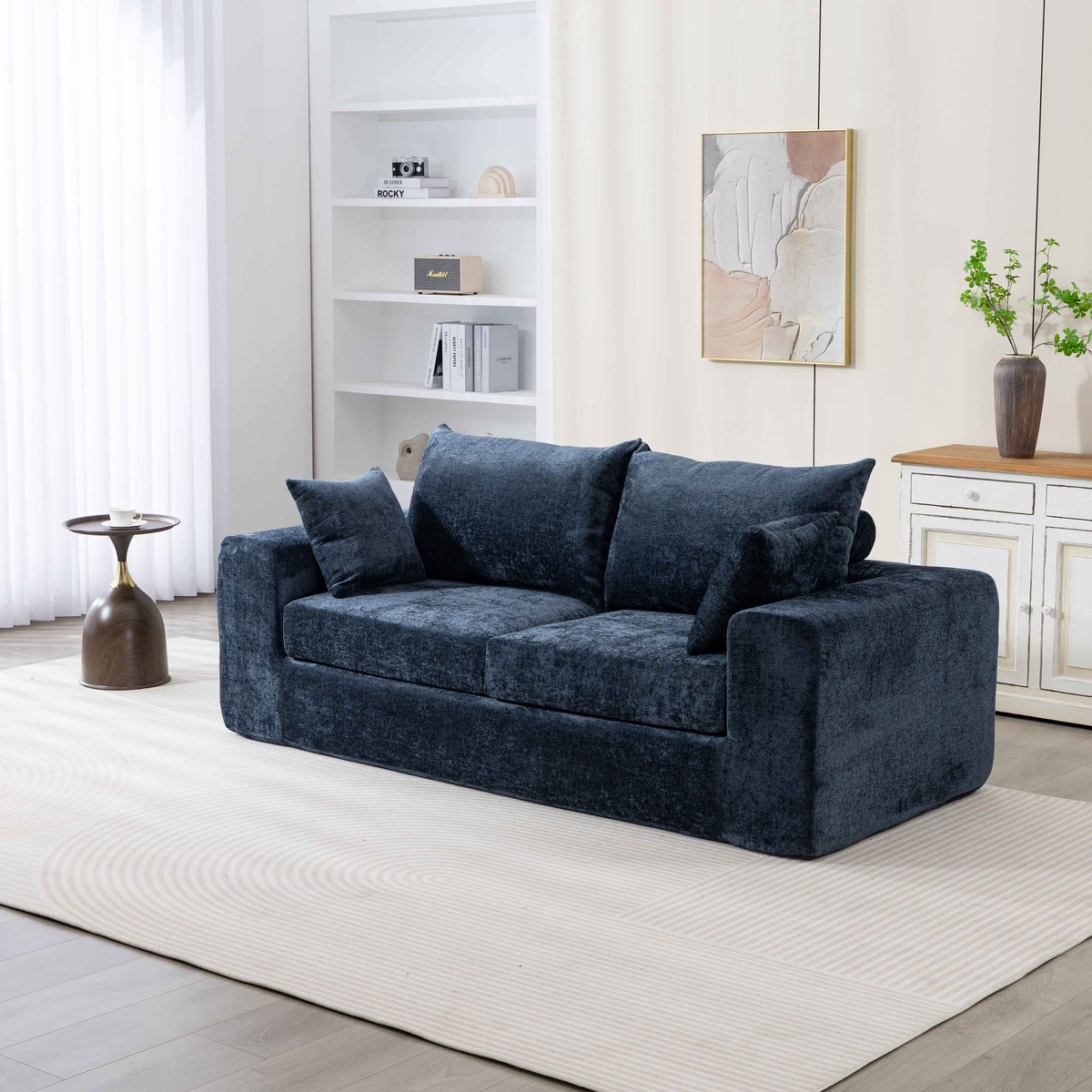 Multifunctionele Slaapbank – Chenille Bekleding – Geschikt voor 2–3 Personen – Hoog Veerkrachtig Schuim – Bank voor Kleine Woonkamers – Geen Montage - Blauw