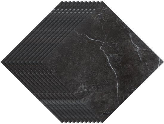 Stapel vierkante zwarte vinyl vloertegels met witte marmeraders.