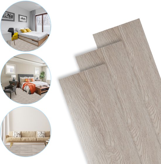 Lichte eikenhouten PVC-vloerplanken getoond met toepassingen in een slaapkamer en woonkamer.