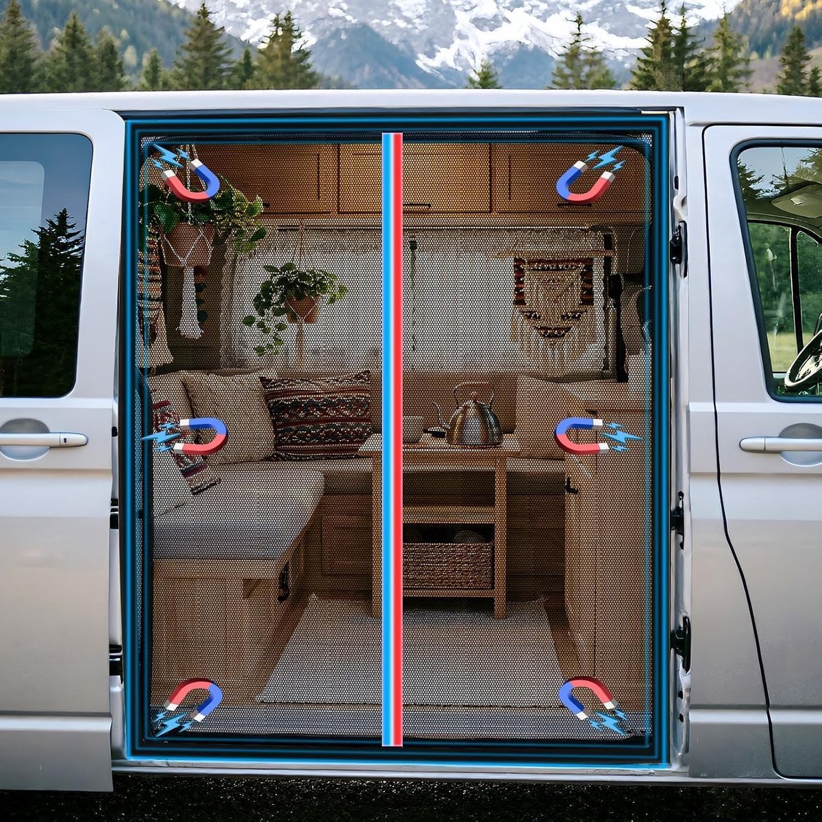 Muggennet voor schuifdeur van VW T5 T6, ideaal als vliegenhor, insectenwering en zonwering voor camping en reizen