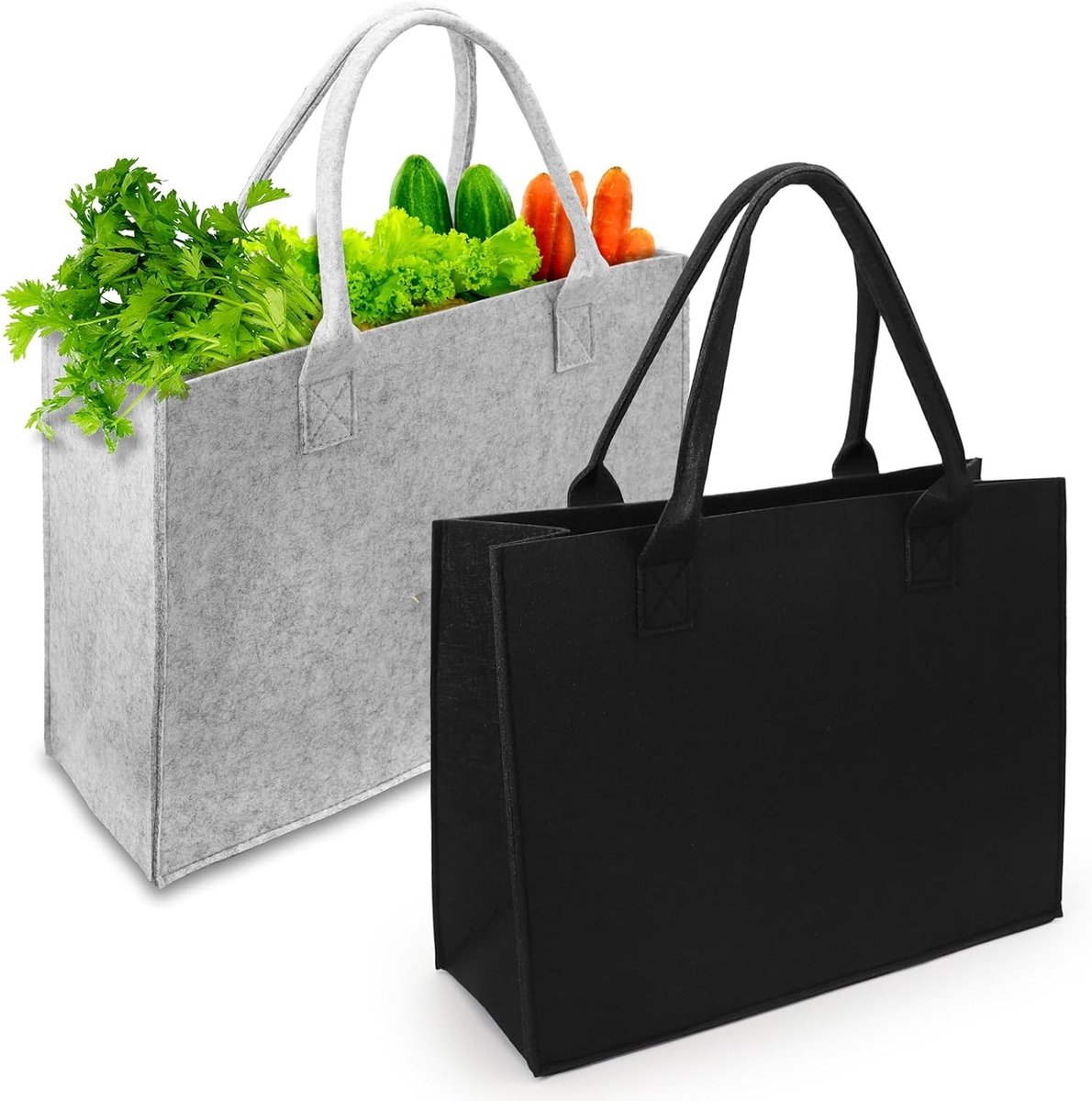 Set van 2 Dikke Vilt Winkeltassen, Vouwbaar voor Buitenshuis, Perfect voor Picknicks en Boodschappen, 40 x 30 x 15 cm